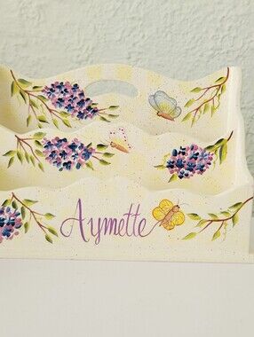Vtg Cottagecore Hand Painted Floral Butterfly Letter Mail Holder Desk Organizer